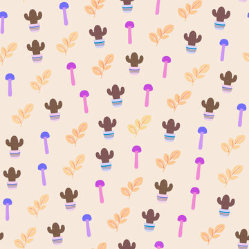 Cute pattern with potted cacti, leaves, and mushrooms