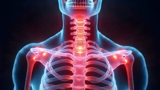 Anatomical rendering of human skeletal structure showcasing painful inflammation and discomfort within the cervical spine and shoulder joints emphasizing medical conditions and health awareness.