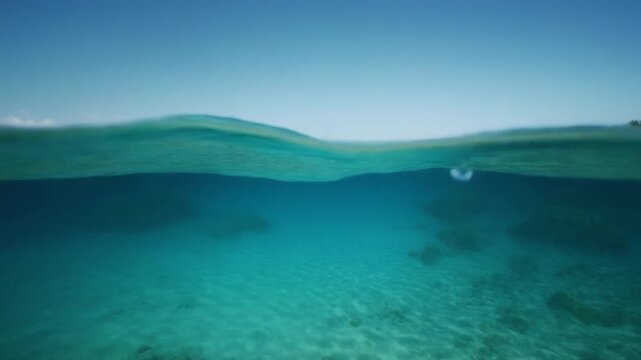 Over under split shot of tropical island and clear turquoise water with coral reef