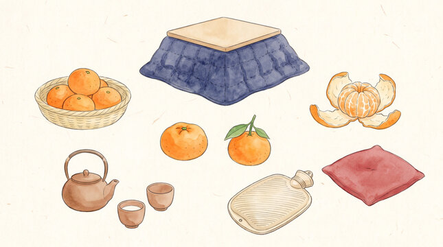 Hand drawn Japanese winter kotatsu illustration set with mandarins