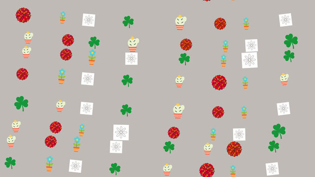 Stylized flowers, cacti, and shamrocks pattern