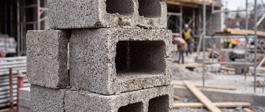 Close-up of stacked gray concrete cinder blocks with porous textures at an active construction site