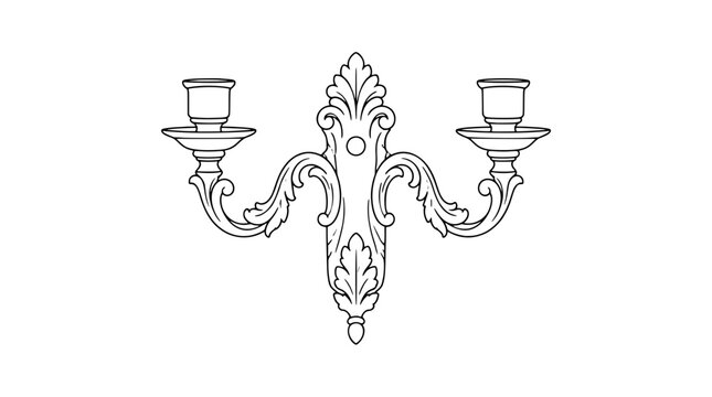 Black outline vector icon of an ornate double arm wall sconce with two cups, curved leafy brackets and central backplate drawn in thin lines in symmetric frontal composition for candle lighting
