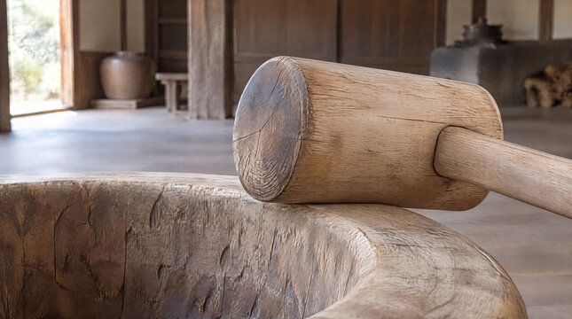 Close up of a wooden mallet head resting on the rim of a rice mortar