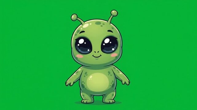 Cute Green Alien Waving Green Screen