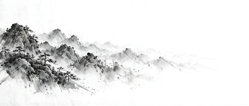 Minimalist Chinese ink wash mountain landscape panoramic banner