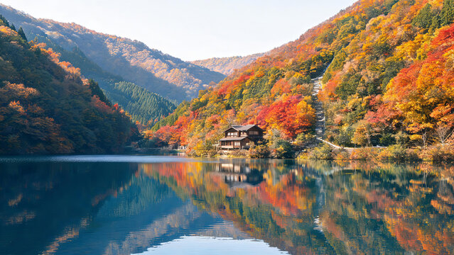 A serene autumn landscape with a calm lake reflecting vibrant fall foliage and a small wooden cabin nestled in mountain forests.