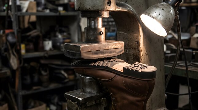 Cobbler shoe press machine pressing boot in workshop
