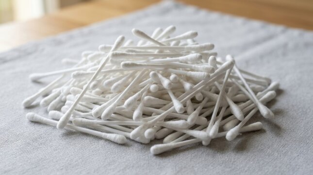 Pile of Cotton Swabs on Textured Fabric Hygiene and Personal Care Essential