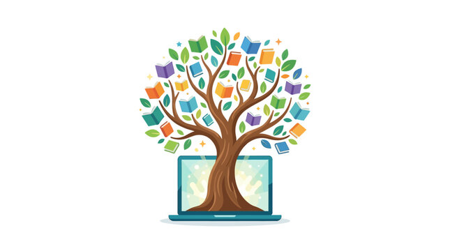 Vibrant knowledge tree with colorful books growing from a laptop for digital education flat design vector illustration