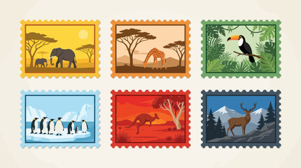 Obraz premium Vintage Wildlife Travel Postage Stamps Set with Exotic Animals