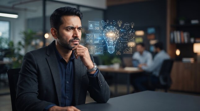 Businessman thinking with glowing holographic lightbulb idea