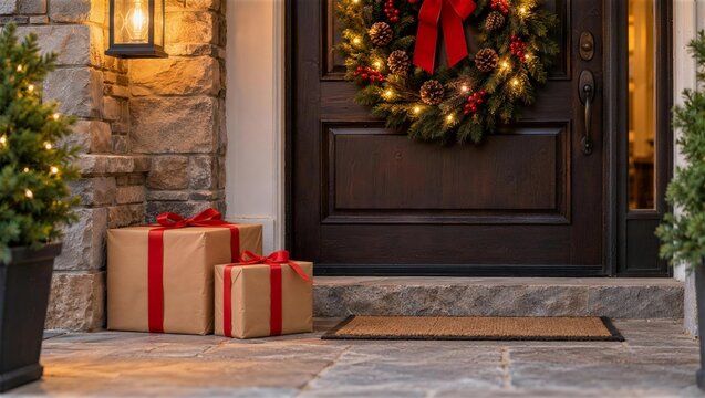 クリスマスリースのある玄関に置かれた赤いリボンのギフト箱