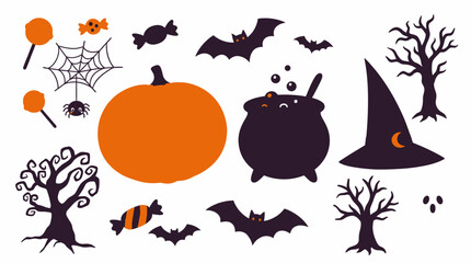 Fototapeta premium Halloween icon set featuring carved pumpkin, bats, bubbling cauldron, witch hat, ghost, candies, spider web, and spooky dead trees on white background. Flat vector design for holiday.