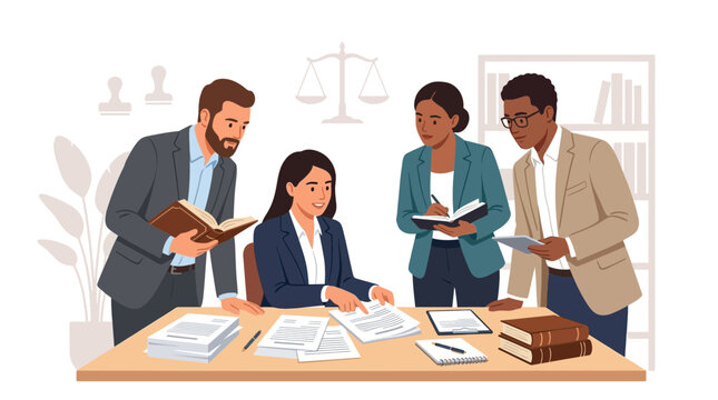Diverse team of lawyers in a meeting, reviewing documents and discussing legal strategy, with scales of justice symbol.