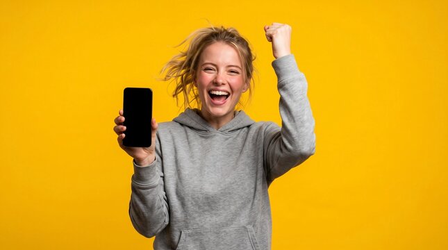 Excited Woman Celebrating Online Win While Holding Smartphone with Blank Screen on Yellow Background