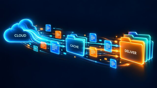 Futuristic cloud computing concept with glowing data streams transferring files through cache and deliver folders