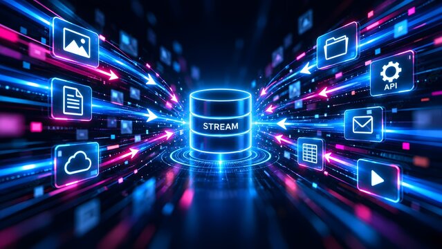 Glowing digital data stream concept with fast pink and blue light streaks radiating from a central database representing high speed information technology network