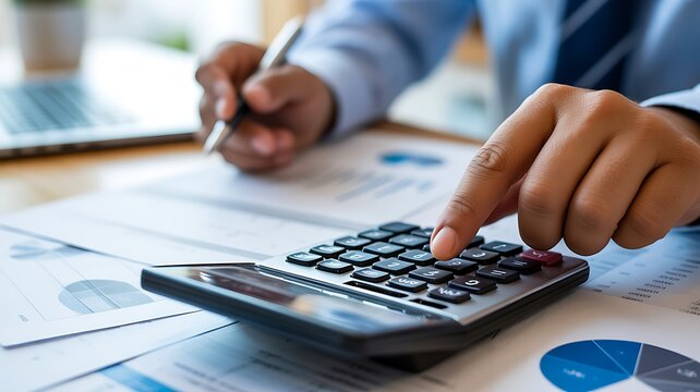 Business Finance and Accounting with Calculator, Financial Documents and Charts, Budget Planning, Expense Management and Financial Analysis Concept