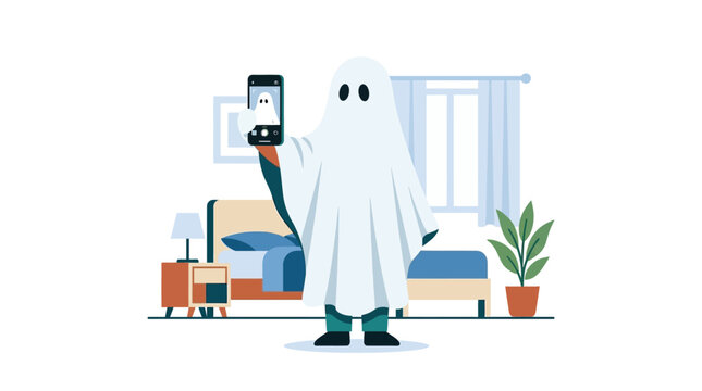 Funny character in white ghost sheet taking selfie with smartphone in bedroom flat design vector illustration.