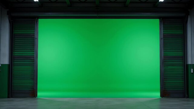 Automatic metal roller shutter opening in a large industrial warehouse revealing bright green screen background