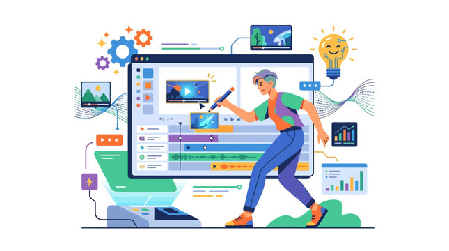 Modern video editor professional using innovative software tools for digital content creation flat design vector illustration.