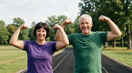 Obraz premium Happy active aging couple flexing muscles on a park track, symbolizing healthy lifestyle and fitness.