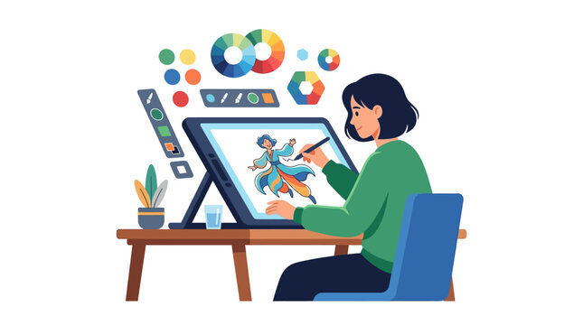 Professional digital artist creating character illustration on graphics tablet in creative workspace flat design vector illustration.