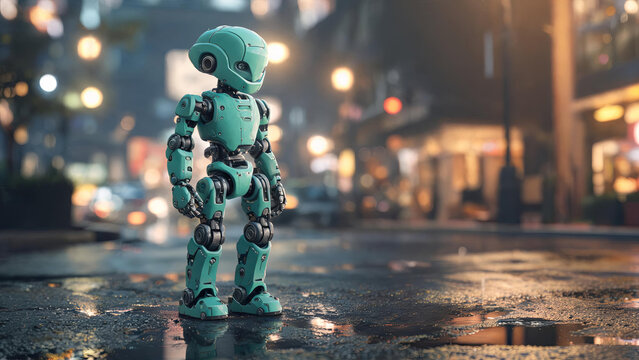 A small teal humanoid robot stands on a wet, rain-slicked urban street at night, with blurred city lights in the background.