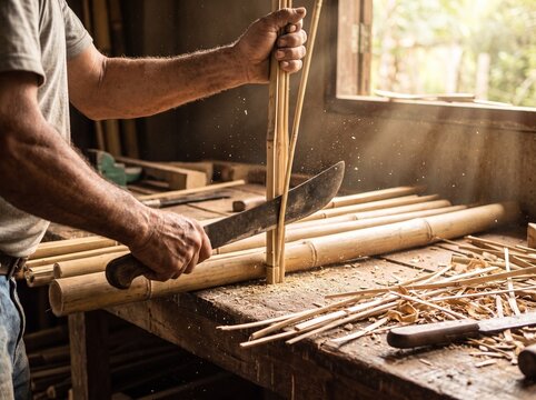 A craftsman cuts bamboo with a machete 
