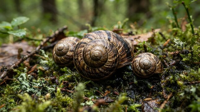 Three common snails with detailed spiral shells resting on a lush, damp green mossy forest floor, capturing the intricate textures and serene beauty of woodland nature