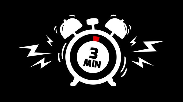 3 min clock icon animation on black background. Timer 3 minutes countdown with alarm clock animation. alarm Clock with 3 minute and circular arrows timer animation. 3 minute timer animation.