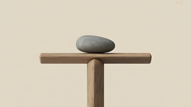 Minimal Balance Concept with Smooth Stone on Wooden Crossbar, Zen Meditation, Stability, Equilibrium, Simplicity and Mindfulness