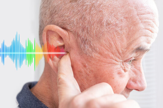mature senior man listening, sound wave, acoustics Auditory System, oscillations ringing, tinnitus, Hearing Test, Cochlear implant, Assistive listening device, audiology and deafness support