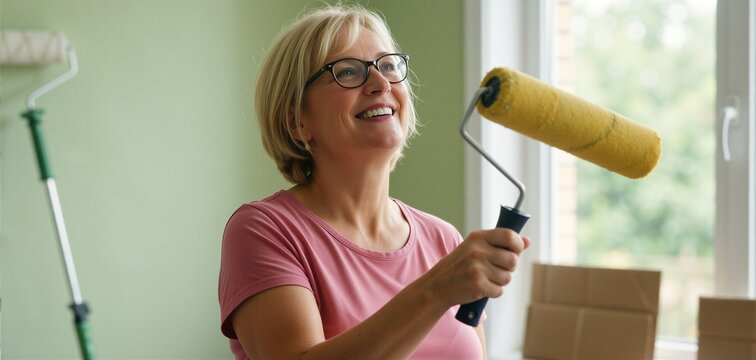 Joyful modern senior woman painting indoors, embodying active aging with a bright smile and roller.