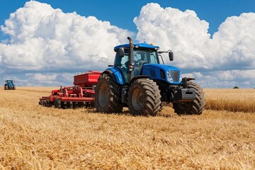 Obraz premium Blue tractor with seed drill working in golden wheat field under cloudy summer sky