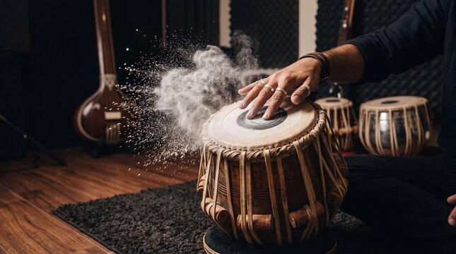 Hand striking a tabla drum, sending a dynamic explosion of white talcum powder into a dark music studio.