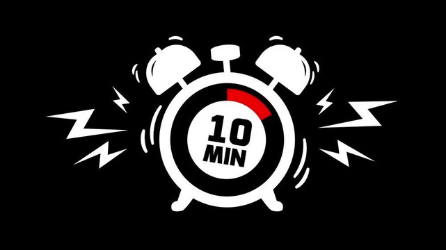 10 min clock icon animation on black background. Timer 10 minutes countdown with alarm clock animation. alarm Clock with 10 minute and circular arrows timer animation. 10 minute timer animation.