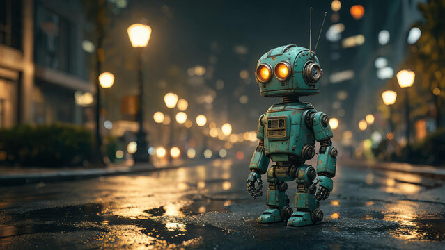 A small vintage teal robot stands alone on a wet, rain-slicked city street at night, with glowing orange eyes and blurred bokeh lights in the background.
