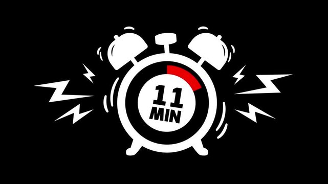 11 min clock icon animation on black background. Timer 11 minutes countdown with alarm clock animation. alarm Clock with 11 minute and circular arrows timer animation. 11 minute timer animation.
