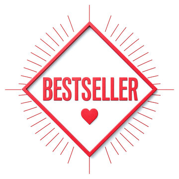 Red bestseller badge with heart shape isolated on transparent background