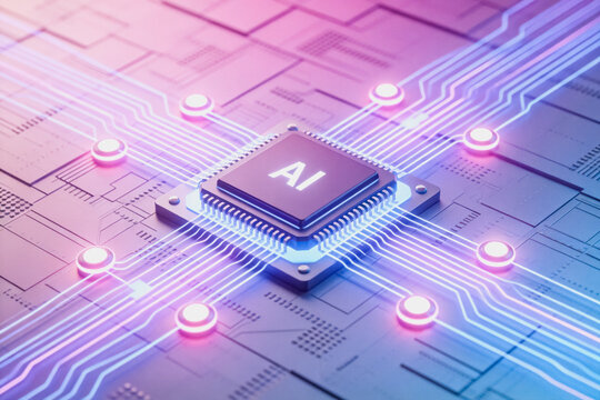 An AI processor chip mounted on a circuit board with glowing conductive traces, representing advanced computing technology.