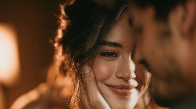 Romantic smiling young woman caressed by partner face close up in warm indoor lighting