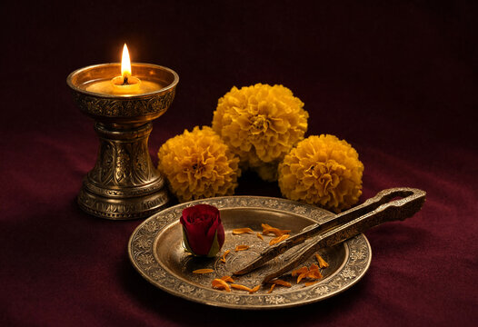 Traditional Ritual Items Featuring Marigold Flowers and Lit Candle