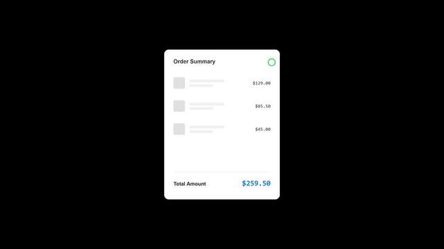 Animated UI Design of Order Summary Card with Price Calculation and Success Checkmark.