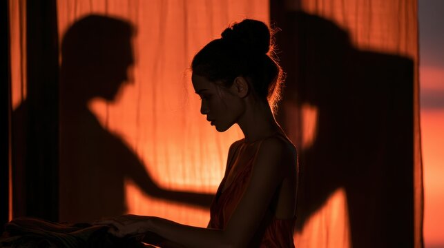 Silhouette of woman indoors with shadows of couple projected on orange curtain