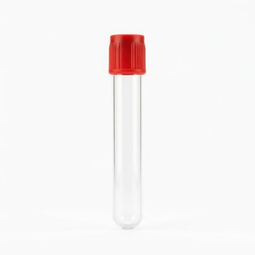 Medical Test Tube with Red Cap Empty Glass Laboratory Vial on White Background