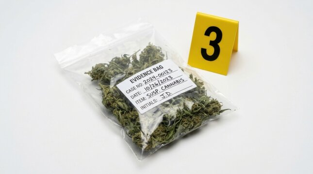 Marijuana Evidence Bag with Crime Scene Marker 3 Legalization Crime and Justice Concept
