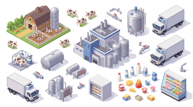 Isometric Dairy Farm and Milk Production Process Elements.
