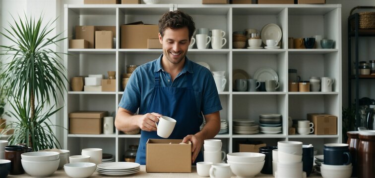 Man packing orders for small business ecommerce online store amidst organized shelves.